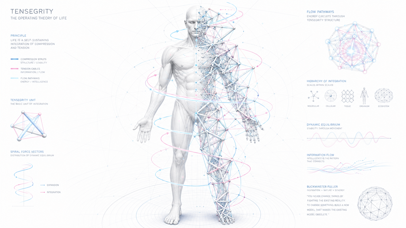 Human body dissolving into tensegrity lattice — compression struts, tension cables, spiral force vectors, and flow pathways
