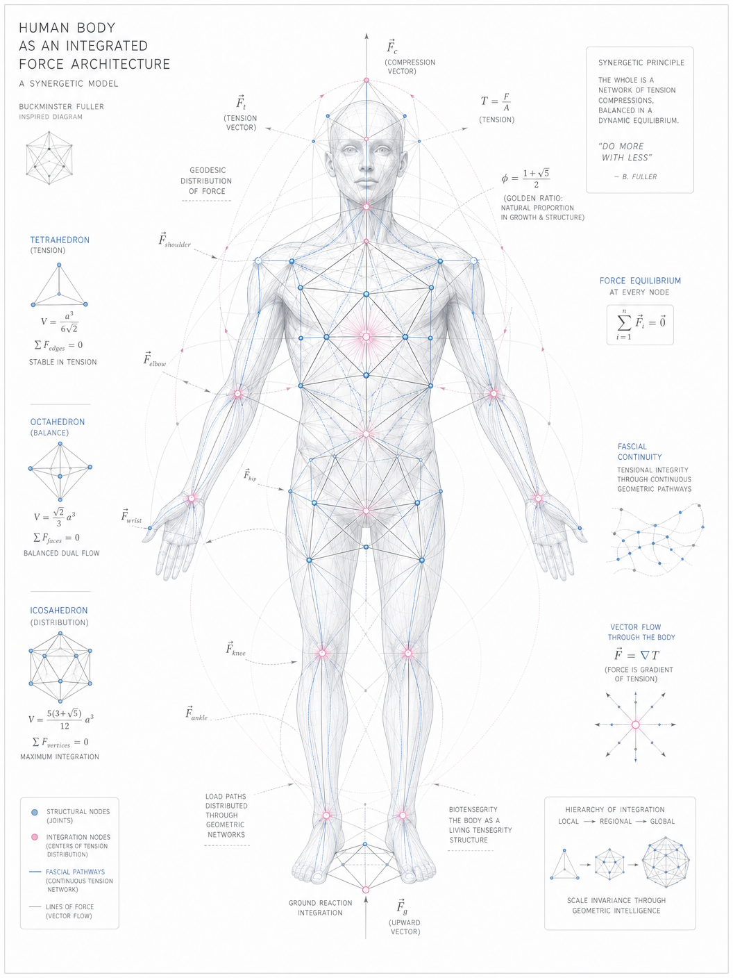 Fuller-style geometric diagram showing the human body as an integrated force architecture system