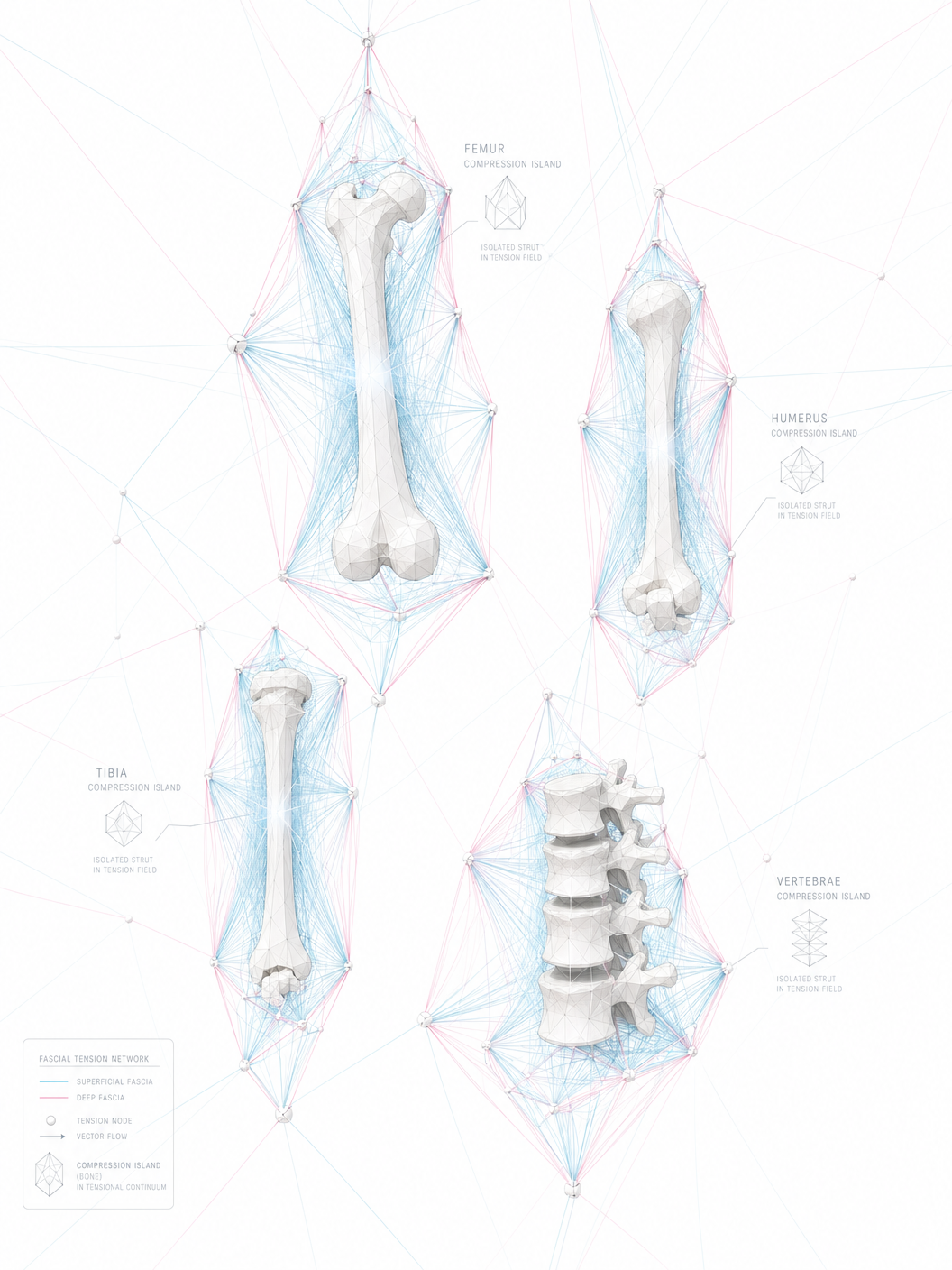 Bones as isolated compression struts floating in fascial tension networks