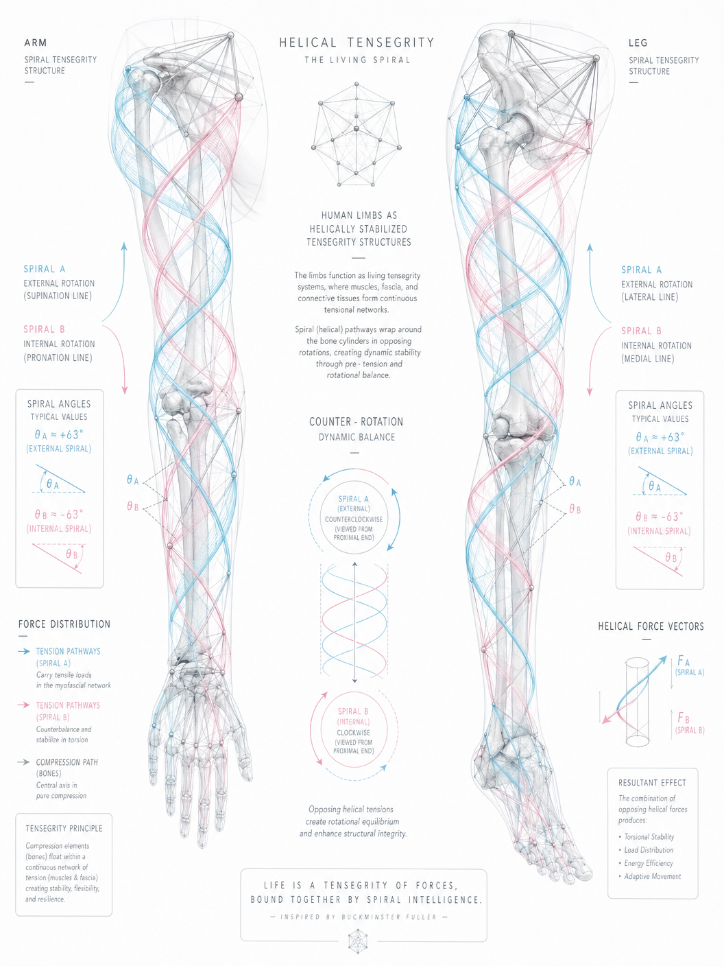 Human limbs as helically stabilized tensegrity structures with spiral loading and counter-rotation