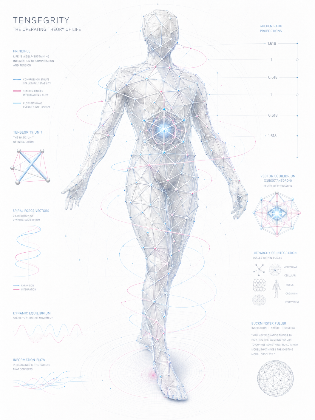 The human body as a geodesic structure with vector equilibrium geometry and golden ratio proportions