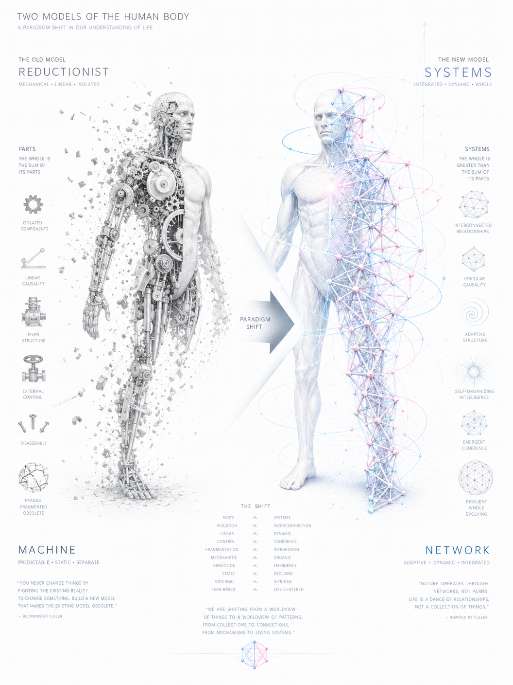 Two models of the human body — mechanical reductionist model crumbling vs. luminous tensegrity systems model